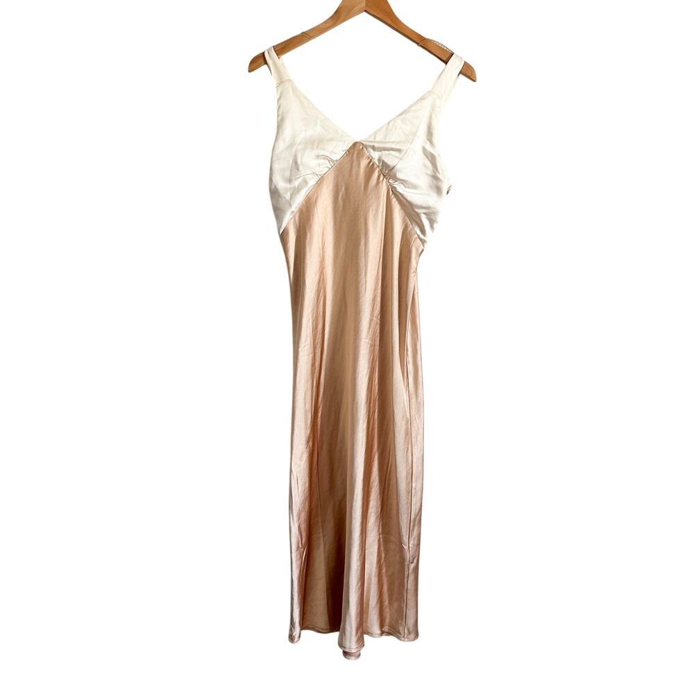 Things Between Cream & Tan Satin V-Neck Sheath Maxi Dress